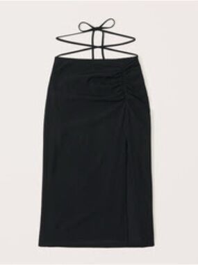 Abercrombie Black Cinched Tie-Waist Midi Skirt with Side Ruched Detail
